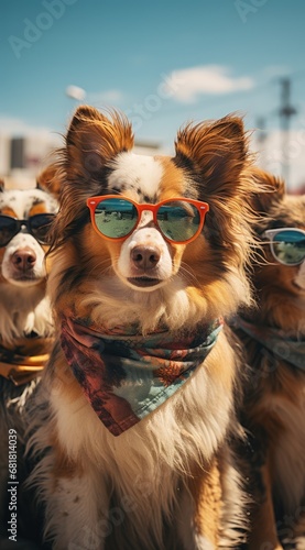 dogs portrait with sunglasses, Funny animals in a group together looking at the camera, wearing clothes, having fun together, taking a selfie, An unusual moment full of fun and fashion consciousness. © Ruslan Batiuk