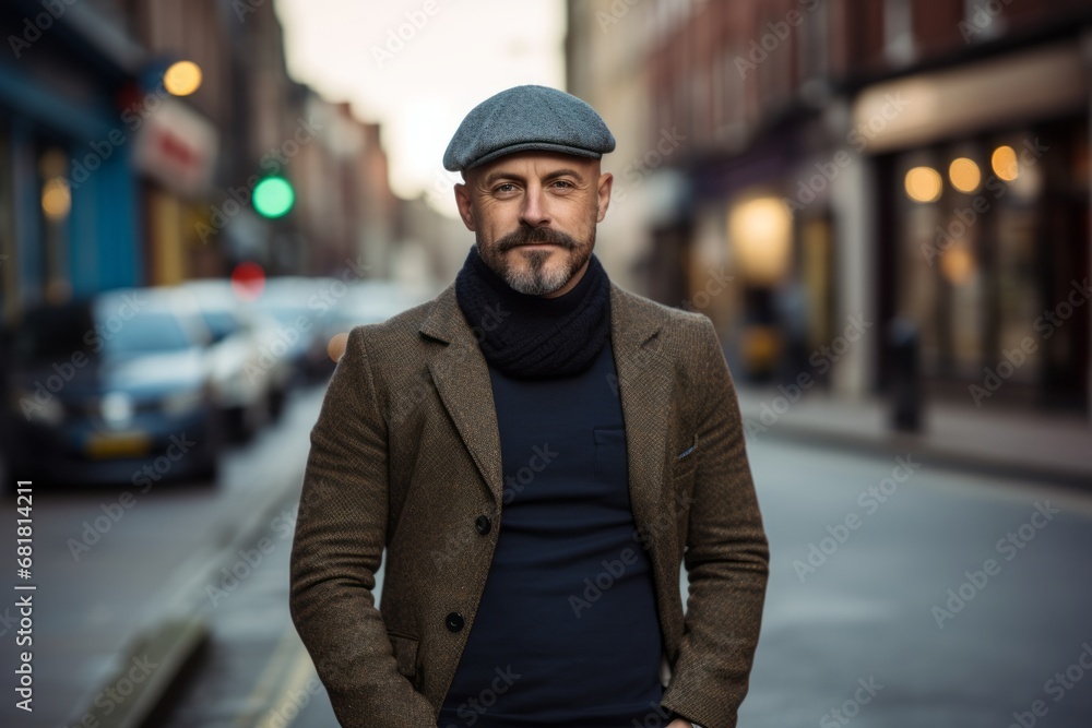 Portrait of a handsome bearded man in a coat and hat on the street.