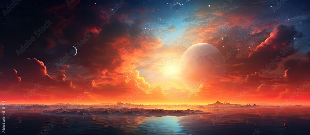 Fototapeta premium As the sun set beyond the horizon, painting the sky in shades of orange and red, the traveler marveled at the beauty of nature's art and pondered the mysteries of the cosmos, dreaming of distant