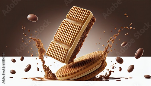 crispy wafer four layers delicious coffee cream filling bean splashing cookie food dessert sweet product snack biscuit favor isolated crunchy background brown clipping path confectionery waffle photo