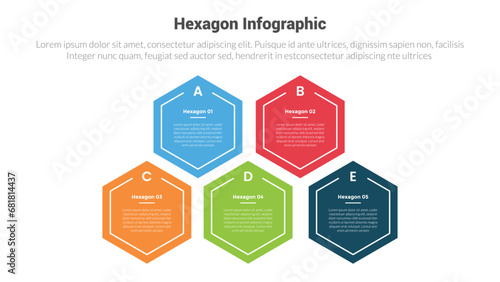 hexagon or hexagonal honeycombs shape infographics template diagram with pyramid structure with 5 point step creative design for slide presentation
