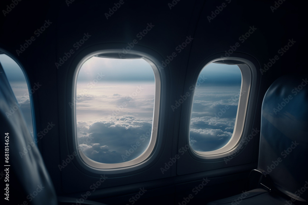 A view from the window of an airplane. Flying over the ground, view over an abyss, flying . Beautiful scenic view of sunset through aircraft window. Image save-path for window airplane.