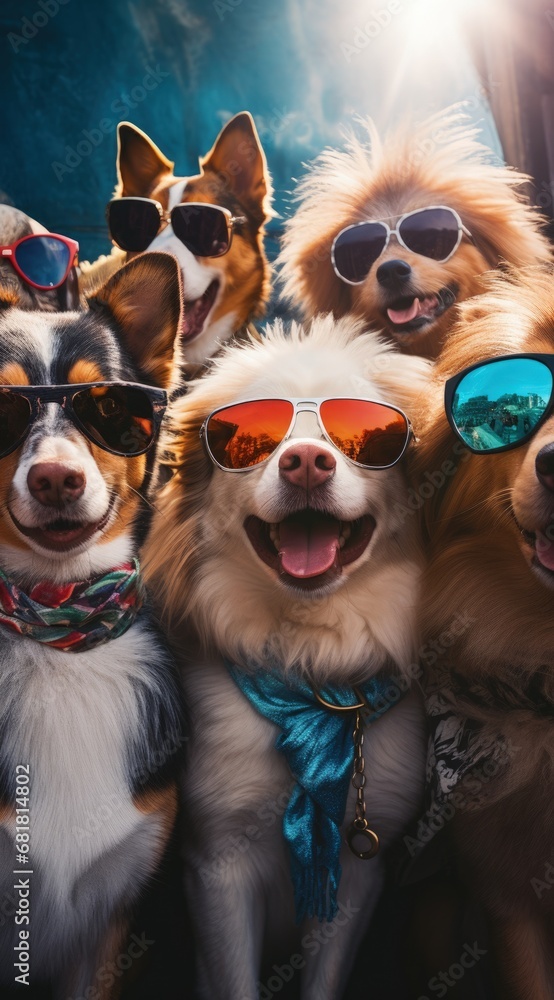 Φωτογραφία dogs portrait with sunglasses, Funny animals in a group together looking at the camera, wearing clothes, having fun together, taking a selfie, An unusual moment full of fun and fashion consciousness