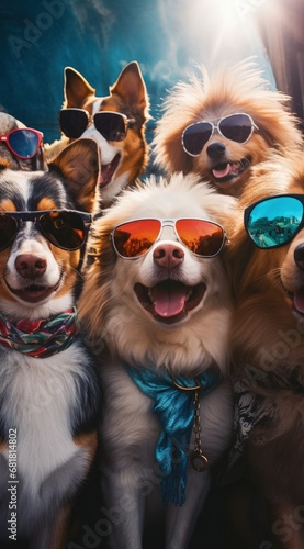 dogs portrait with sunglasses, Funny animals in a group together looking at the camera, wearing clothes, having fun together, taking a selfie, An unusual moment full of fun and fashion consciousness.