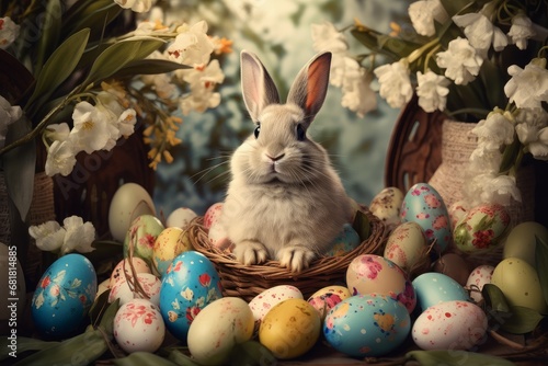 Happy easter bunny. Colorful eggs around him. Generate Ai photo