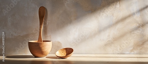 In a vintage kitchen with a white background, a wooden spoon, a natural and organic cooking tool, adds texture to the retro food preparation, casting faint shadows. photo