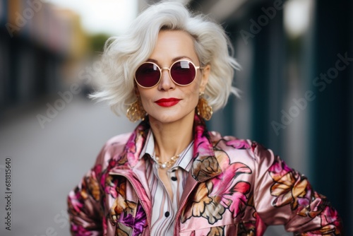 Fashionable blonde woman in pink jacket and sunglasses on the street