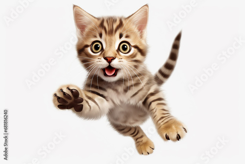Portrait of a funny surprised cat, closeup. Cute cat in jump, isolated on white background