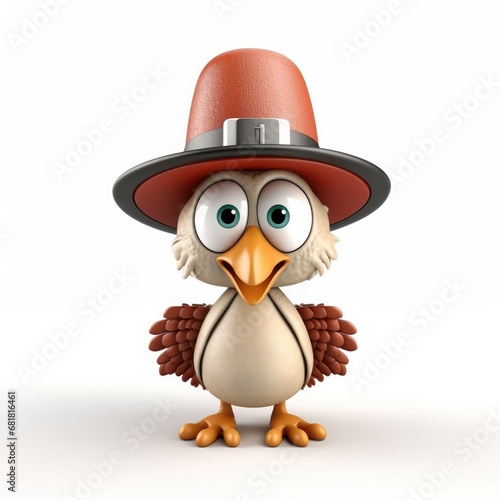 Cute Cartoon Thanksgiving Day Turkey Character Wearing a Pilgrim Isolated on a White Background