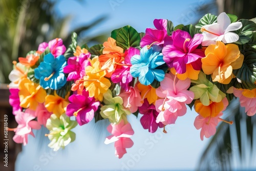 Vibrant Hawaii garland flowers. Tropical vacation. Generate Ai © juliars