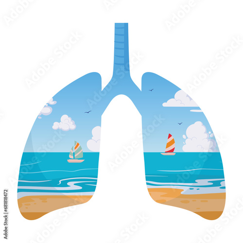 Beach view lungs metaphor. Cartoon clean lungs, human healthy lungs with ocean shore line. Environment care concept flat vector illustration