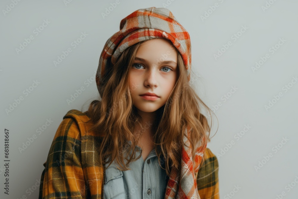portrait of beautiful teen girl in plaid, isolated on grey