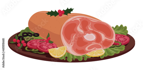 Christmas glazed ham. Winter holiday meal, roasted ham with vegetables, xmas meat dish flat vector illustration. Festive Christmas food