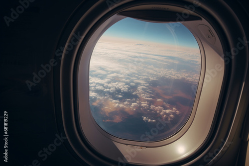 A view from the window of an airplane. Flying over the ground  view over an abyss  flying . Beautiful scenic view of sunset through aircraft window. Image save-path for window airplane.