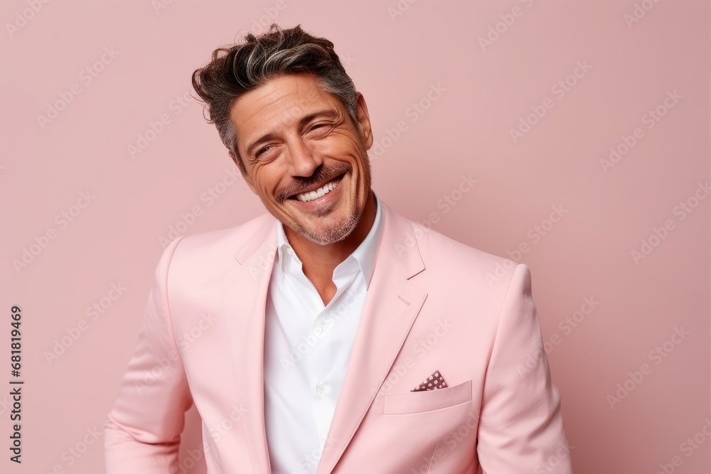 Portrait of a smiling mature man in a pink suit on a pink background. Portrait of a smiling mature man in a pink suit on a pink background.