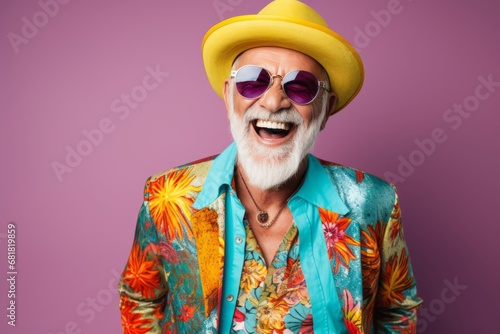 Portrait of a happy senior man in hat and sunglasses. Isolated over purple background.