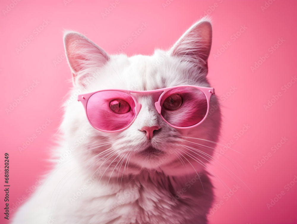 White cat in pink on a pink background. Glasses add a stylish and fashionable look to the character. The image is filled with charm and can symbolize style, positivity and unusualness - obrazy, fototapety, plakaty 