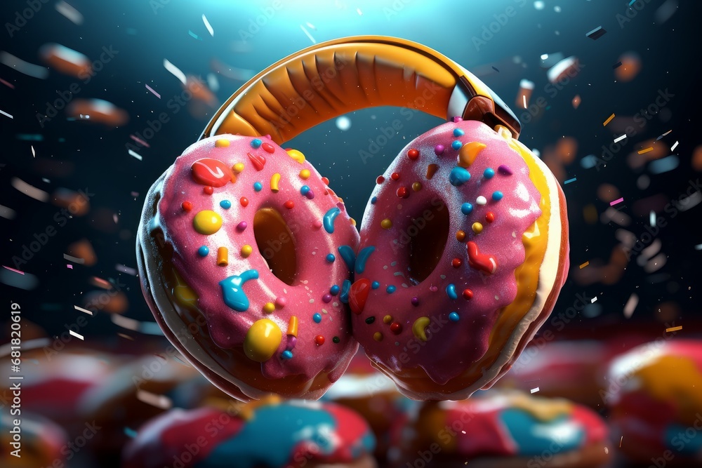 Sugary Headphones with candy donuts. Sweet food. Generate Ai