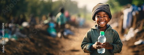 Close-up African little boy poor tramp rejoices holding a bottle of clear drinking water. Disadvantaged rural area in Africa on the background. Panorama with copy space. photo