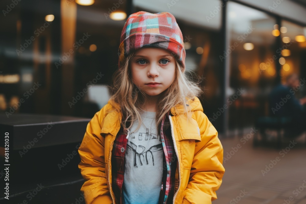 Portrait of a cute little girl in a yellow jacket and a hat on the street. Portrait of a cute little girl in a yellow jacket and a hat on the street.