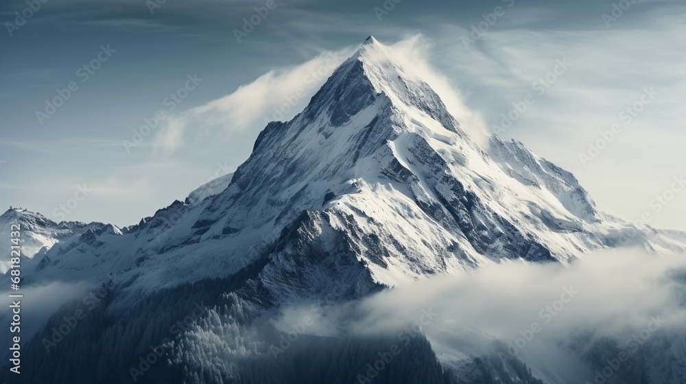 A snow-covered mountain peak, AI Generative.