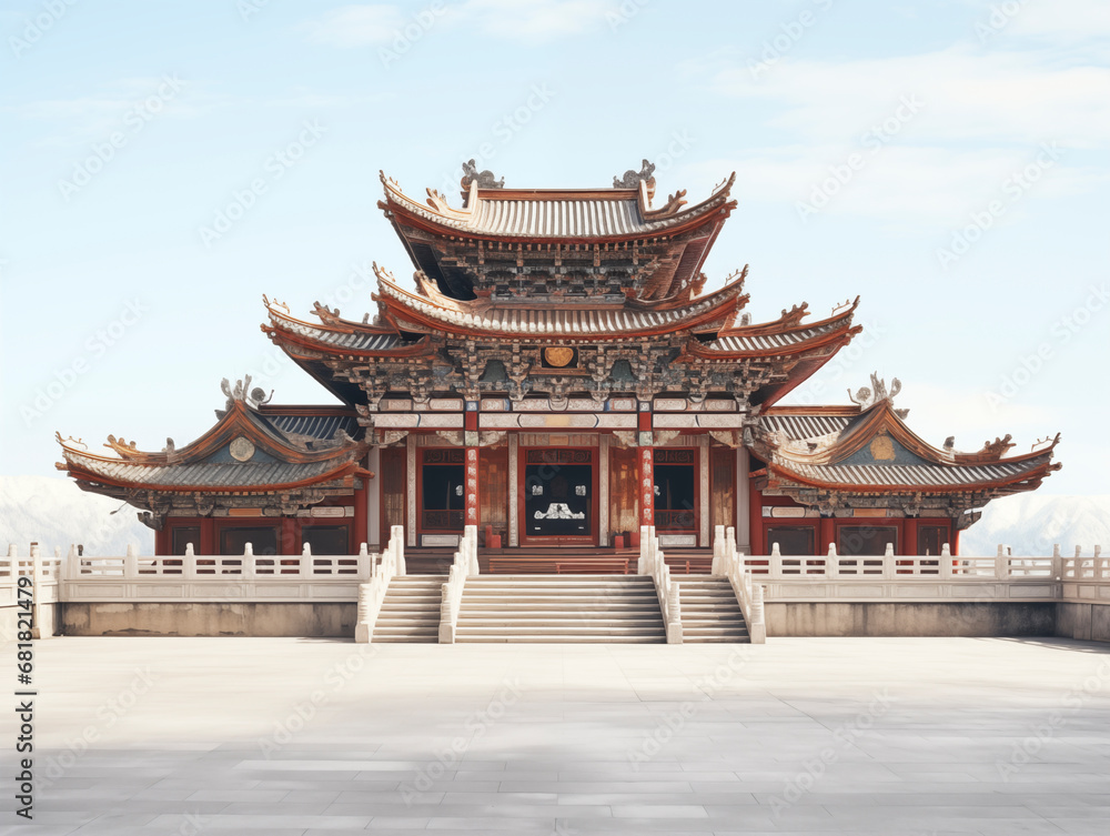 Traditional temple in the Chinese traditional style, lunar New Year festival. 3D style