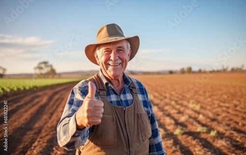 A farmer facing to the camera on a field giving thumbs up