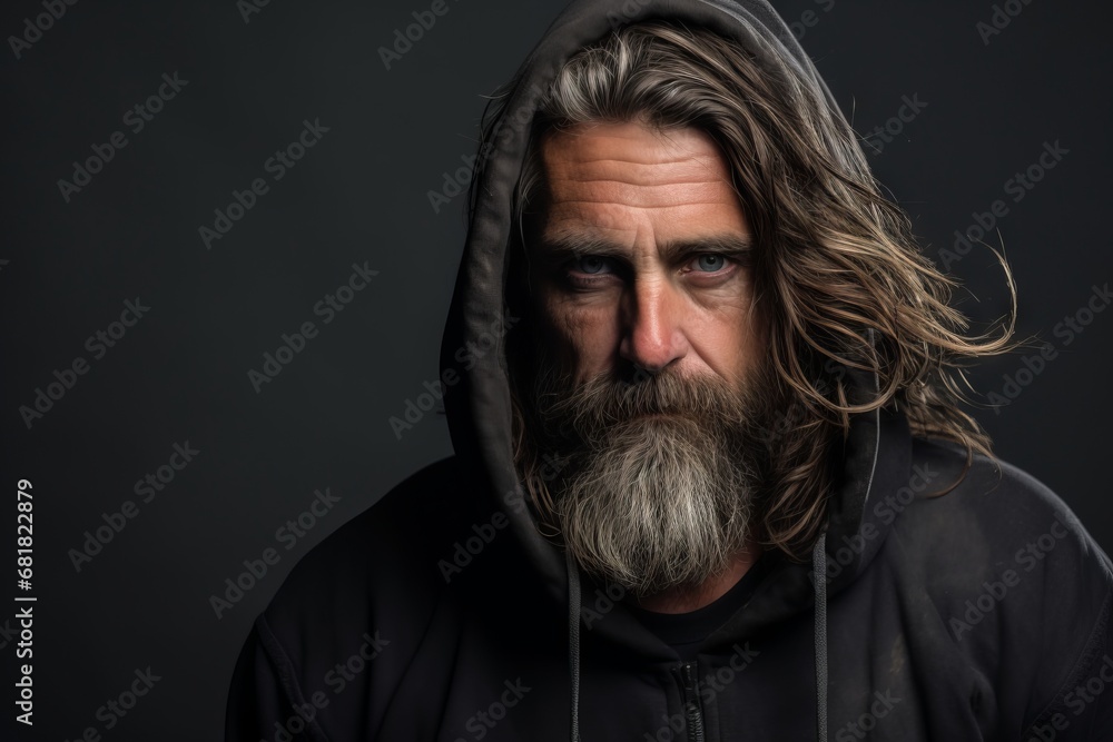 close-up portrait of an adult man with long gray hair and a beard in a black hoodie on a dark background studio close-up portrait of an adult man with long gray hair and a beard in a black hoodie on a dark background studio