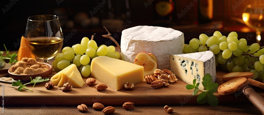 In France, a gourmet wooden table displayed a mouthwatering spread of white cheese, honey drizzled on a plate of yellow grapes, and herb-infused wooden boards showcasing a delectable dessert