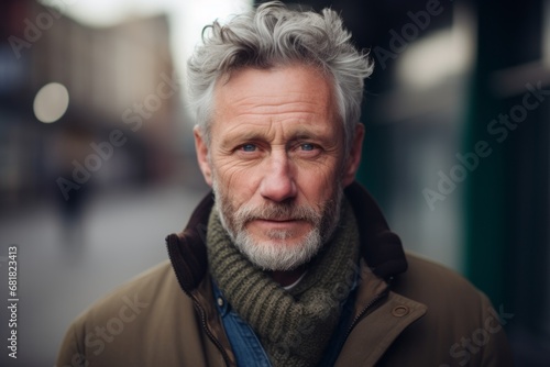 Portrait of a senior man with grey hair and beard in the city © Igor