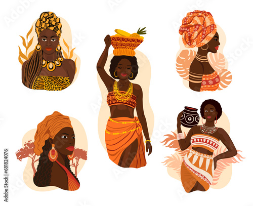 Beautiful black woman. African woman vector set