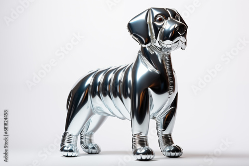 An image of a chrome-finished balloon-like dog sculpture that displays a mirroring surface and a poised stance, set against a white backdrop.