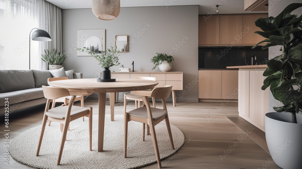 Fototapeta premium Side view of a round dining table in a modern Scandinavian spacious living room with kitchen, 3d render. Decor concept. Real estate concept. Art concept. Bathroom concept. Stylist concept. 3d render.