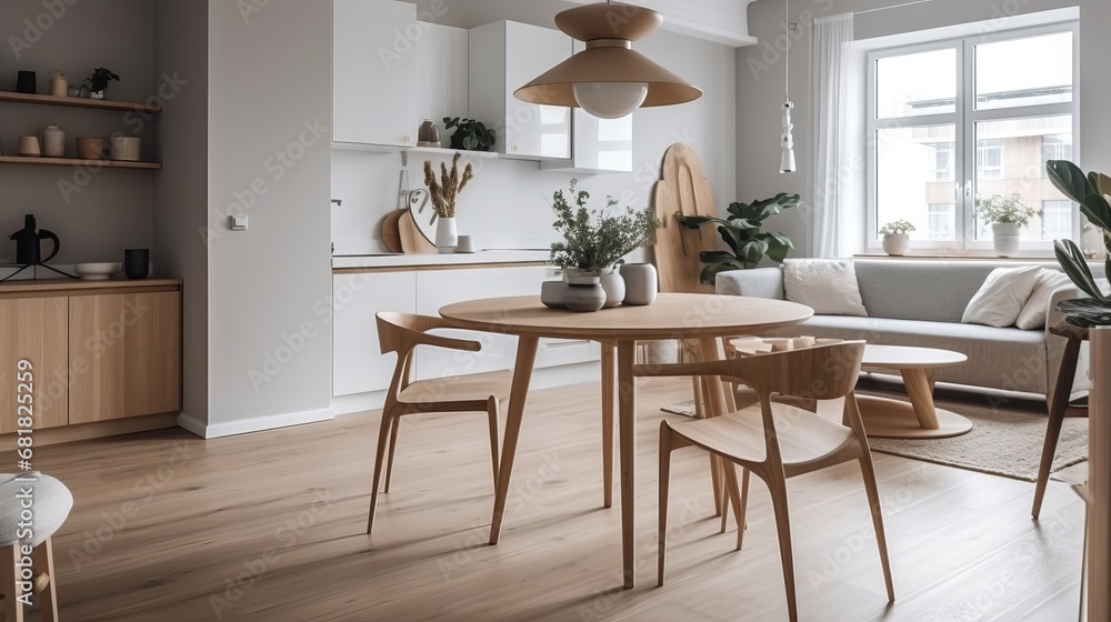 Side view of a round dining table in a modern Scandinavian spacious living room with kitchen, 3d render. Decor concept. Real estate concept. Art concept. Bathroom concept. Stylist concept. 3d render. Side view of a round dining table in a modern Scandinavian spacious living room with kitchen, 3d render. Decor concept. Real estate concept. Art concept. Bathroom concept. Stylist concept. 3d render.
