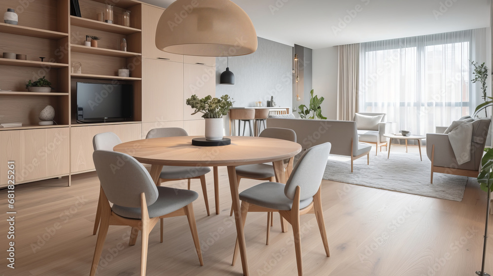 Side view of a round dining table in a modern Scandinavian spacious living room with kitchen, 3d render. Decor concept. Real estate concept. Art concept. Bathroom concept. Stylist concept. 3d render.