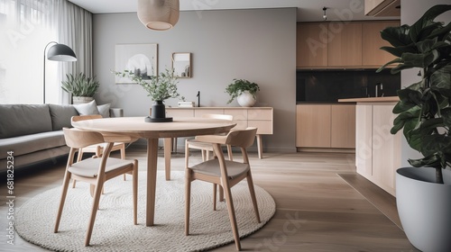 Side view of a round dining table in a modern Scandinavian spacious living room with kitchen, 3d render. Decor concept. Real estate concept. Art concept. Bathroom concept. Stylist concept. 3d render.