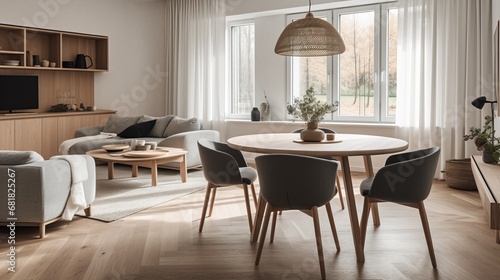 Side view of a round dining table in a modern Scandinavian spacious living room with kitchen  3d render. Decor concept. Real estate concept. Art concept. Bathroom concept. Stylist concept. 3d render.