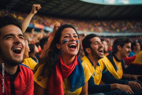 Latin american football fans from Colombia celebrating a goal inside a stadium