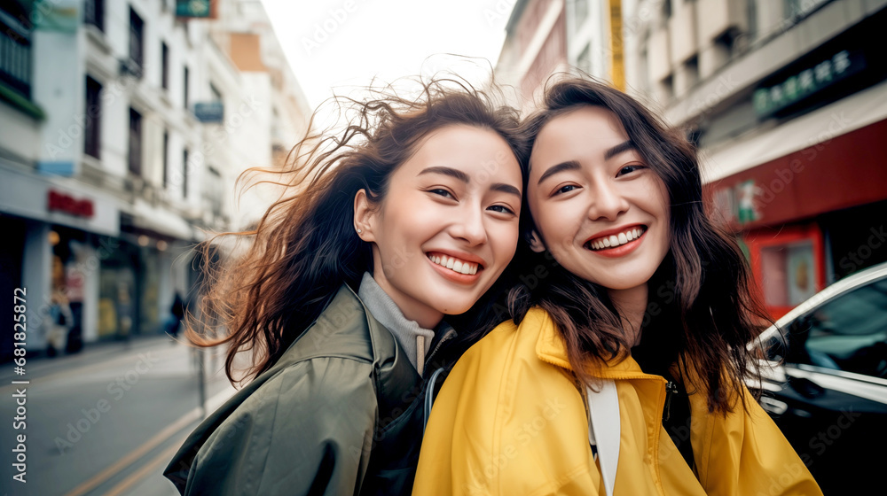 HAPPY LAUGHING ASIAN GIRLS ON CITY STREETSq HAPPY LAUGHING ASIAN GIRLS ON CITY STREETSq