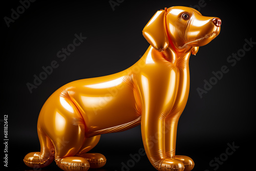 An image of a golden balloon-style dog sculpture, with a lustrous finish and an attentive stance, set against a contrasting black background.
