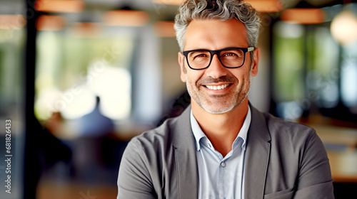 HAPPY SMILING MATURE BUSINESSMAN ON OFFICE BACKGROUND. legal AI 