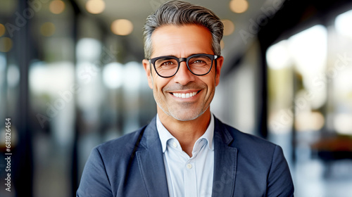 HAPPY SMILING MATURE BUSINESSMAN ON OFFICE BACKGROUND. legal AI 