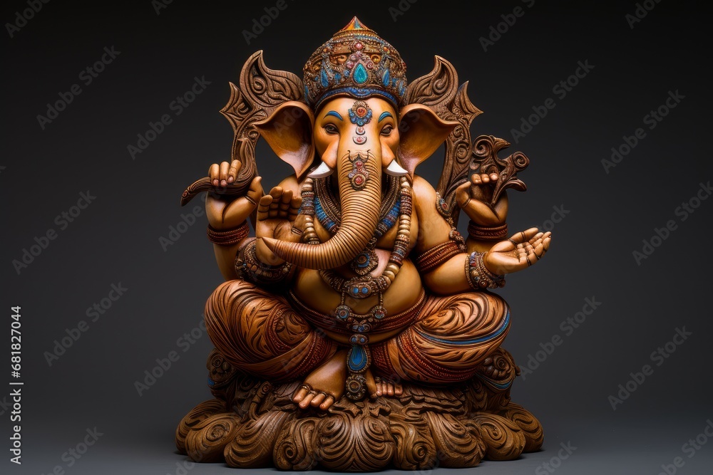 Hinduistic sculpture ganesha. Gold indian elephant. Generate Ai