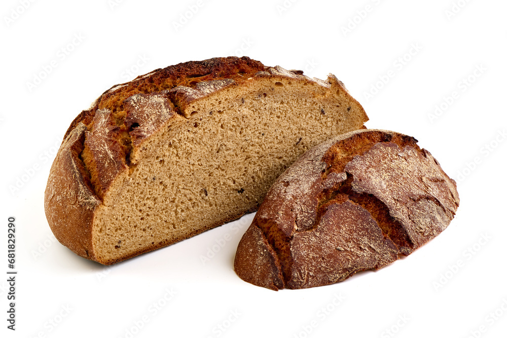 Freshly Baked Homemade Bread slices, close-up, isolated on a white background.