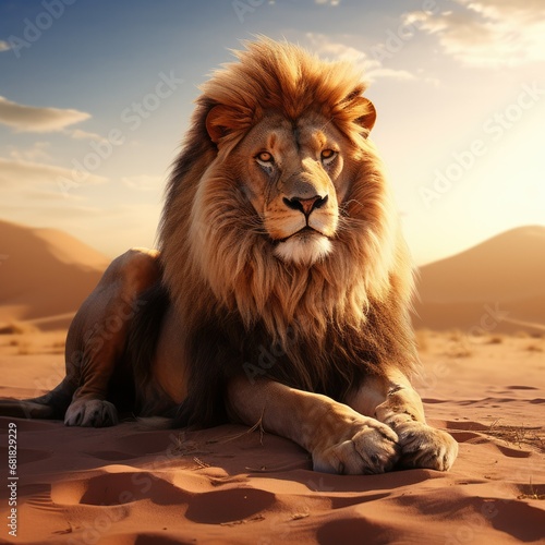 Regal Majesty: A Majestic Lion Resting in the Arid Desert Landscape