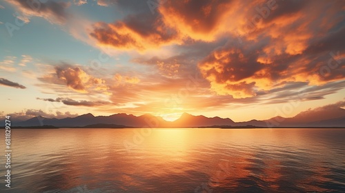Beautiful landscape sunset with golden orange sky on sea water reflection. AI generated image photo