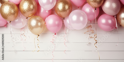 Birthday party banner pink and gold composition with balloons, confetti, concept giftcard, copy space, white background