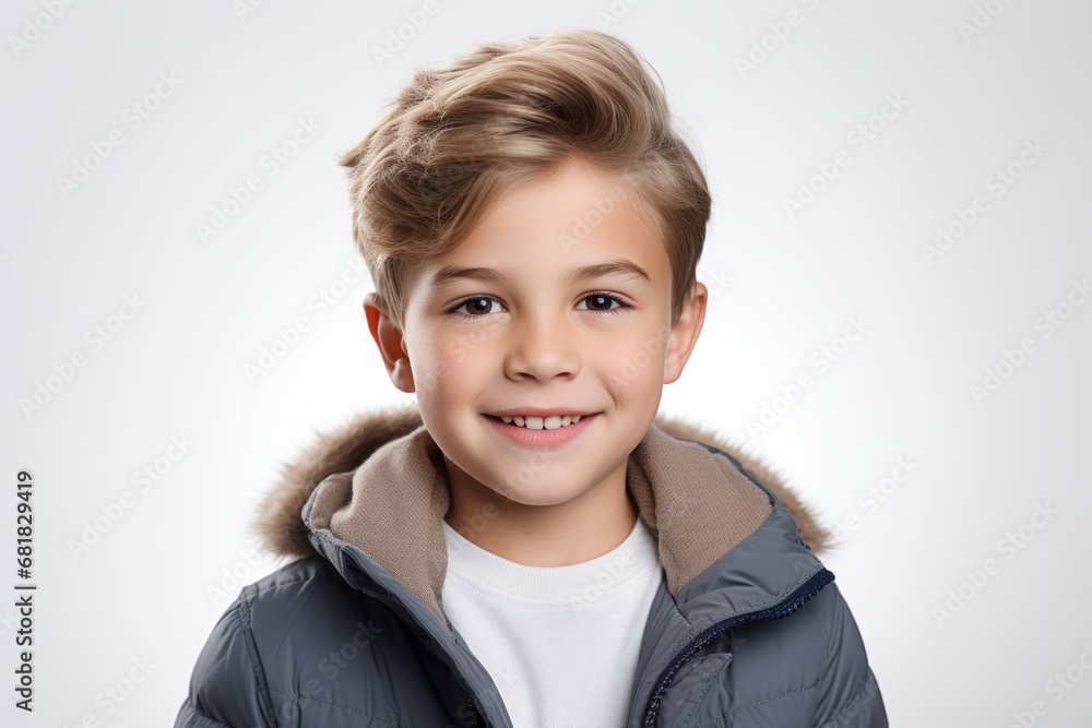 Portrait of a smiling boy in a winter jacket on a white background Portrait of a smiling boy in a winter jacket on a white background