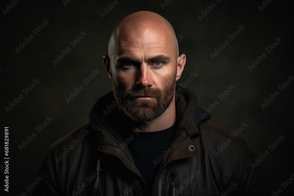 Portrait of a brutal man with a beard in a black jacket on a dark background Portrait of a brutal man with a beard in a black jacket on a dark background