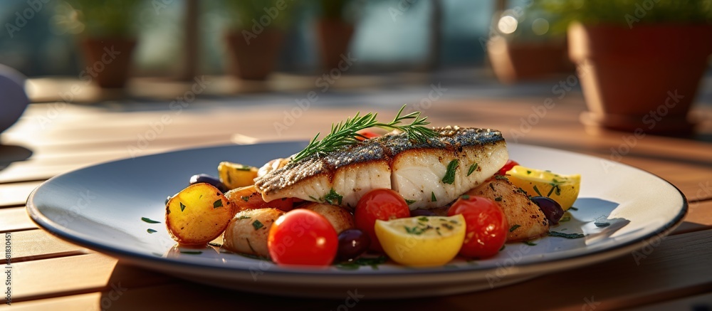 Fresh grilled sea bass with tomatoes and potato balls on a white plate. AI generated image - obrazy, fototapety, plakaty 